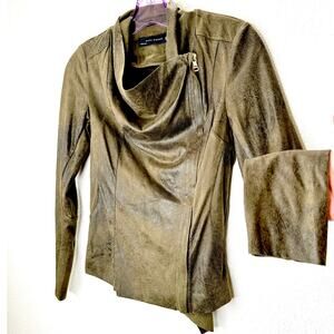 Zara Olive Green & Black Suede Long Sleeve Side Zip Cowel Neck Jacket XS